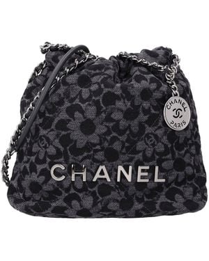 CHANEL Denim Quilted Floral Print Mini 22 Cotton Shoulder Bags - Black