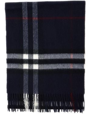 Burberry Fringed Edge Scarf With All-Over Check Motif Cashmere For Scarfs And Foulards - Blue