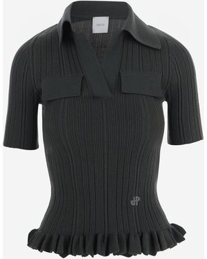 Patou Sweater With Ruffles Stretch Wool Blend Merino - Black