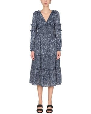 MICHAEL Michael Kors V-Neck Floral Print Midi Dress - Blue