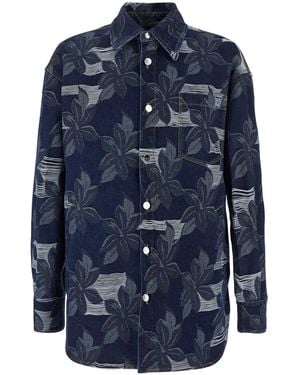 Gucci Jacket With All-Over Floral Motif And Ripped Details - Blue