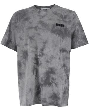 MSGM T-Shirt With Embroidered Logo On The Front And All-Over Tye-Die Print - Gray