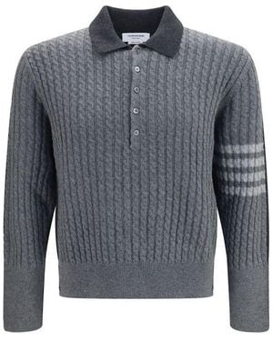 Thom Browne Thom Browne 4-Bar Cable-Knit Merino Wool Polo Shirt - Gray