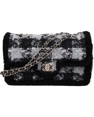 CHANEL Tweed Shearling Flap Bag 18X28 Cms With Accents Clutch - Black