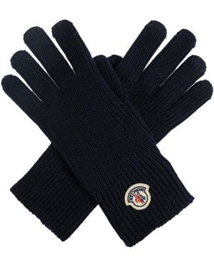 Moncler Wool Gloves With Logo Patch - Blue