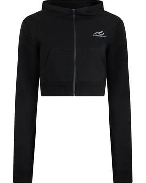 Balenciaga Cropped Zip Hoodie Cotton Sweatshirts - Black