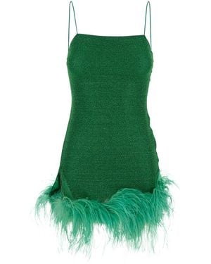 Oséree Lumiere Plumage Sleeveless Slip Dress With Tonal Feathered Hem - Green