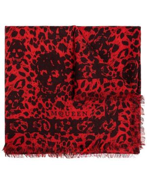 Alexander McQueen Fringed Wool Leopard Scarf - Red