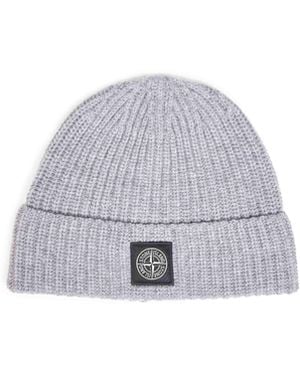 Stone Island Melange Ribbed Rws Geelong Wool Knit Beanie - White
