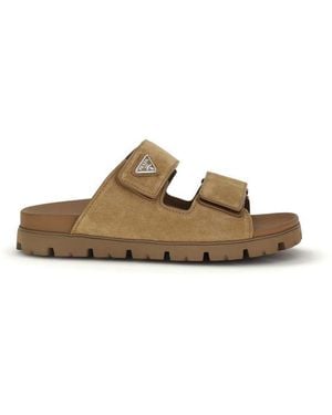 Prada Calf Leather Bos Taurus Strap-On Sandals - Natural