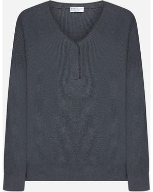 Brunello Cucinelli Lead Ribbed Knit V Neck Jumper Clothing - Blue