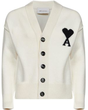 Ami Paris Ecru Felted Merino Wool Ami De Cœur Cardigan - White
