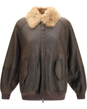 Brunello Cucinelli Vintage-Effect Shearling Bomber With Shiny Zipper Pull Sheep Jacket - Grey