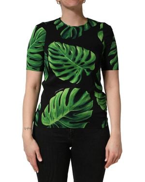 Dolce & Gabbana Philodendron Print Silk Blouse Top And Elastane - Green