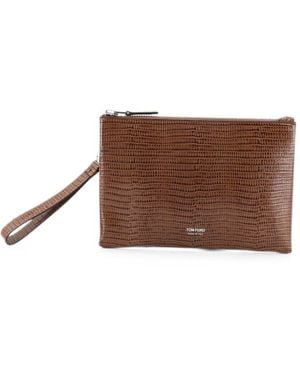 Tom Ford Caramel-Colored Lizard-Printed Calf Leather Minimal Clutch With Wrist Strap - Brown
