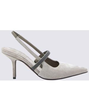 Brunello Cucinelli Suede Monili Chain Slingback Court Shoes - White
