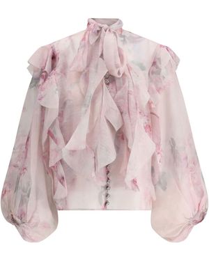Zimmermann Crush Floral-Print Ruffled Linen-Blend Blouse - Pink
