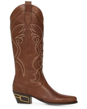 Etro High Smooth Leather Western Boots With Contrasting Topstitching And Metal Logo - Brown