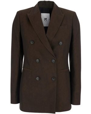 PT Torino Romy Linen And Cotton Fine Plain Weave Light Jacket With Front Closure Side Pockets - Black
