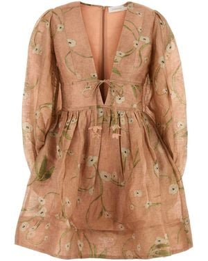Zimmermann Printed Linen Blend Drawn Illuminate Mini Dress - Brown