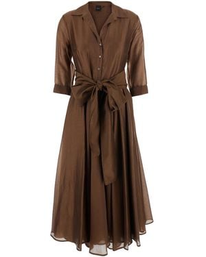 Le Plain Long Dress With Adjustable Waist Belt And Cuban Collar - Brown