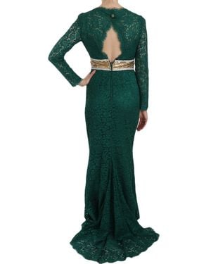 Dolce & Gabbana Crystal Gold Belt Lace Sheath Gown Dress - Green