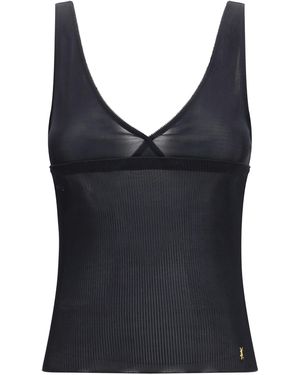 Saint Laurent Ribbed Silk Jersey Lace-Trim Tank Top - Black