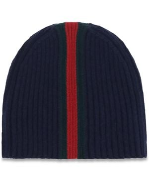 Gucci Ribbed Wool Beanie With Web Stripe Merino Hat - Blue