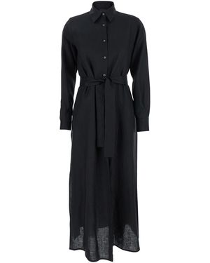 Plain Dress With Classic Collar And Adjustable Skirt - Black