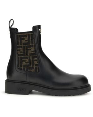 Fendi Ff Leather And Fabric Ankle Boots Calf Bos Taurus - Black