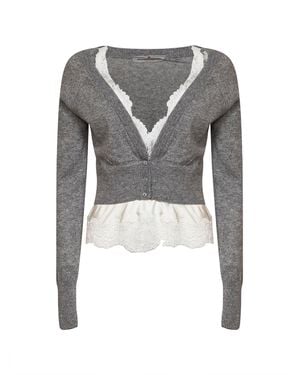 Ermanno Scervino Cashmere Cropped Cardigan With Satin And Lace Insert - Gray