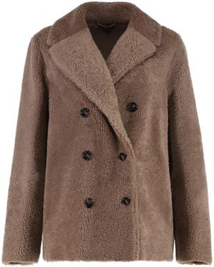 Max Mara Futura Double-Breasted Peacoat Sheep Wool Faux Fur & Shearling Coats - Brown