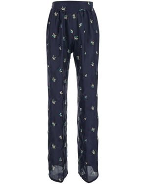 forte_forte Petites Fleurs Embroidery Silk Flared Trousers - Blue