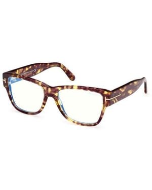 Tom Ford Eyeglasses Square Full Rim, Havana Frame And Clear--Light Block Lenses Lens Ft5878-B055 Sunglasses - Brown