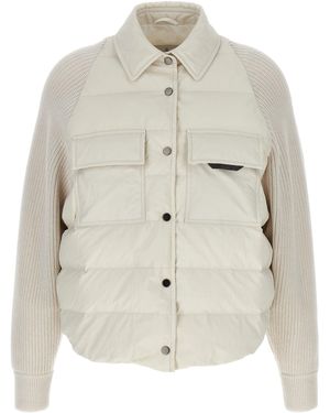 Brunello Cucinelli Two-Material Shiny Flap Detail Down Jacket - White