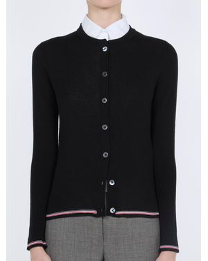Thom Browne Cardigan Col Rond Côtes En Laine Mérinos À Rayures Rwb Jumper - Black
