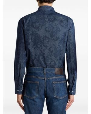 Etro Cotton Denim Shirt With Leafy Paisley Motif And Pegaso - Blue