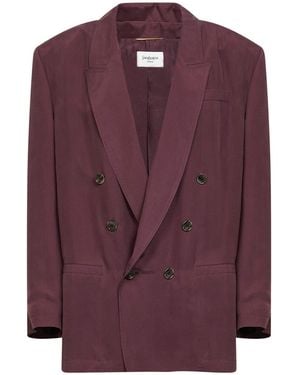 Saint Laurent Aubergine Silk Habutai Double-Breasted Blazer - Purple