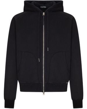 Tom Ford Cotton Zip-Up Hoodie With Logo Label - Blue