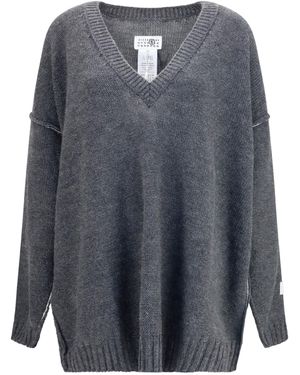 MM6 by Maison Margiela Oversized V-Neck Jumper - Grey