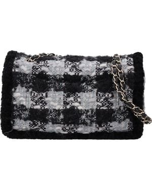 CHANEL Tweed Shearling Flap Bag 18X28 Cms With Accents Clutch - Black
