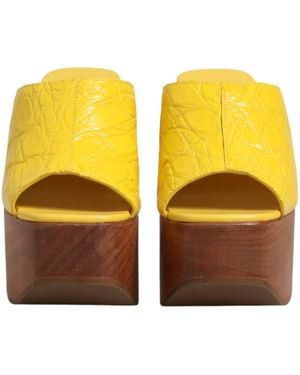 Dolce & Gabbana Leather Wood Mule Wedge Slides Shoes 100Iman - Yellow