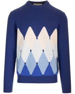 Ballantyne Double Yarn Cashmere Diamond Jumper - Blue