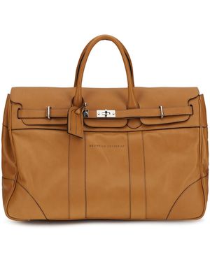 Brunello Cucinelli Leather Travel Bag With Logo Calf Bos Taurus - Brown