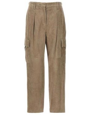 Brunello Cucinelli Leather Straight Leg Trousers - Natural