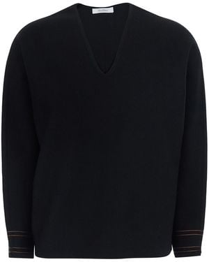 Max Mara Long-Sleeve V-Neck Top Wool Tops - Black