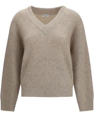 Brunello Cucinelli Cashmere And Mohair V-Neck Sweater - Natural