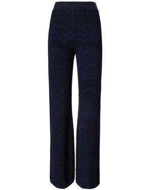 Missoni Viscose And Wool Blend Knit Straight Pants With Tone-On-Tone Zig Zag Pattern - Blue