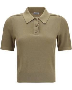 Burberry Knit Polo With Check Trim Merino Wool Ovis Aries Knitwear - Green