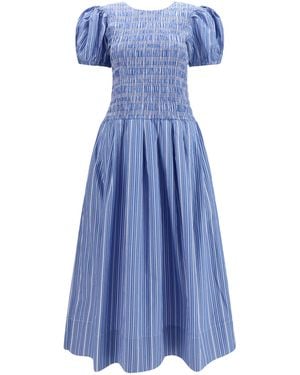 Ganni Striped Cotton Dress With Puff Sleeves - Blue